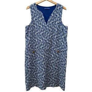 J. McLauglin Floral 100% Linen Dress Women Sz L Rue Blue White Resort Sleeveless